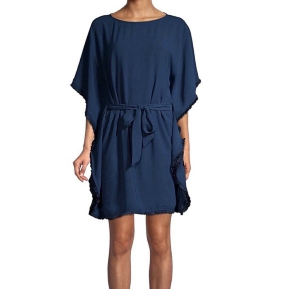 Trina Turk‎ Ray Tie Waist Caftan Dress XS Navy Fringe Trim Belted Boho Resort